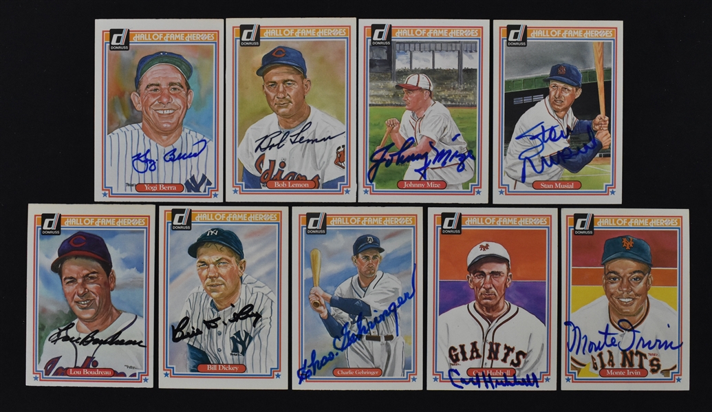 Collection of 9 Autographed Baseball Cards w/Yogi Berra Bill Dickey & Stan Musial