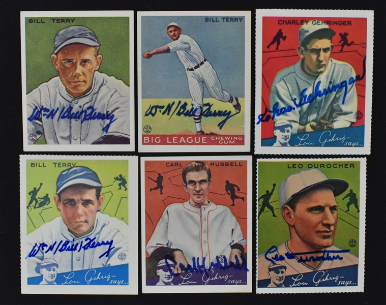 Collection of 6 Autographed Baseball Cards w/Carl Hubbell & Leo Durocher