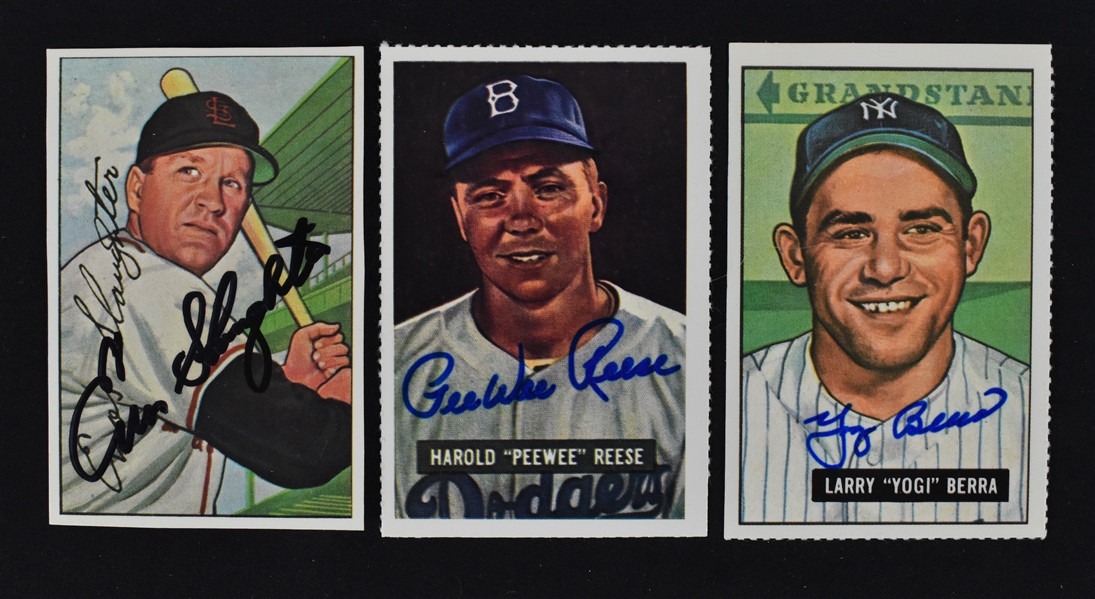 Collection of 3 Autographed Baseball Cards w/Yogi Berra Pee Wee Reese & Enos Slaughter