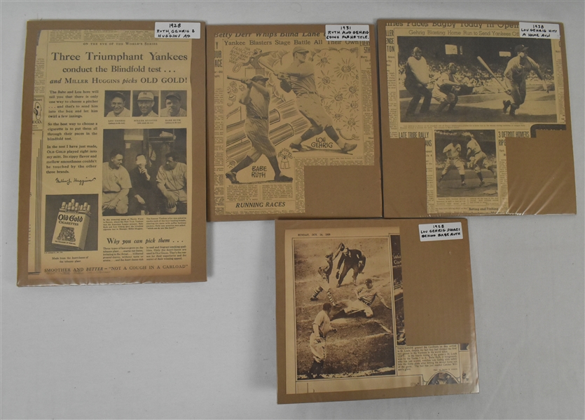 Collection of 4 Vintage Babe Ruth & Lou Gehrig Newspapers