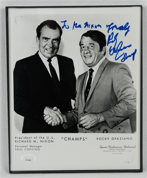 Rocky Graziano Autographed 8x10 Richard Nixon Photo JSA