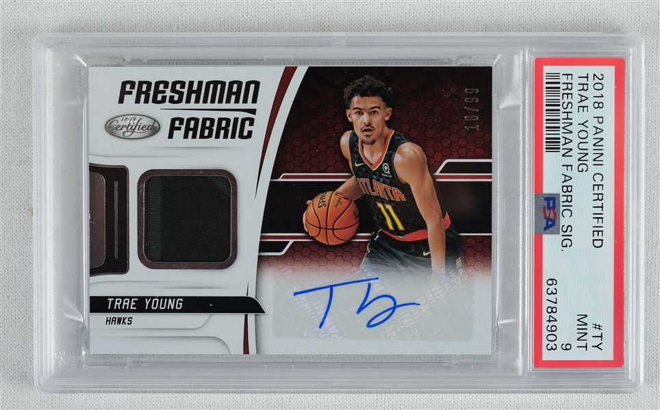 Trae Young 2018 Panini Certified Freshman Fabric Sig 18/99 Rookie Card #TY PSA 9 MINT