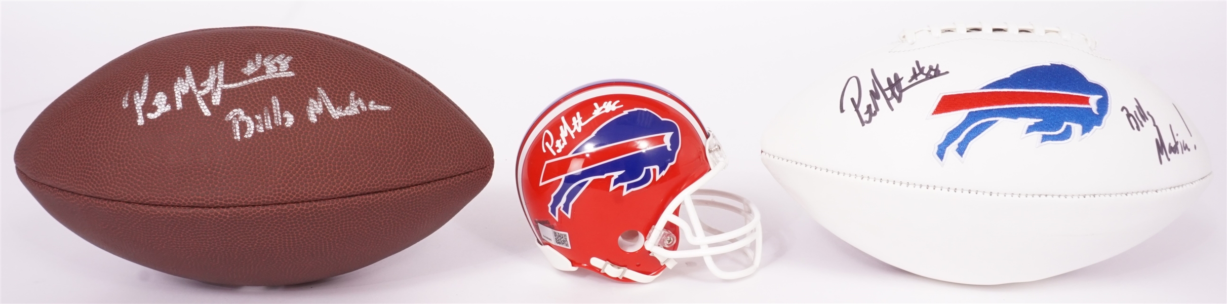 Lot of 3 Pete Metzelaars Autographed Buffalo Bills Mini Helmet & 2 Footballs