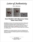 Dave Winfield 1993 Minnesota Twins Game Used Jersey w/Dave Miedema LOA 