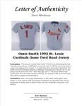 Ozzie Smith 1992 St. Louis Cardinals Game Used Road Jersey w/ Dave Miedema LOA
