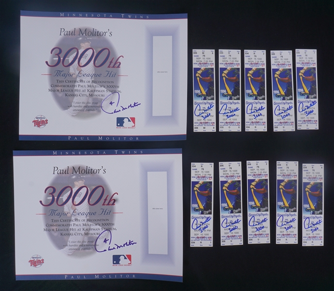 Lot of 10 Paul Molitor Autographed Authentic 3,000th Hit Tickets w/ Team Provenance