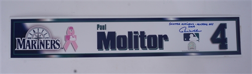 Paul Molitor Seattle Mariners 2004 Mothers Day Game Used Autographed & Inscribed Locker Name Plate MLB