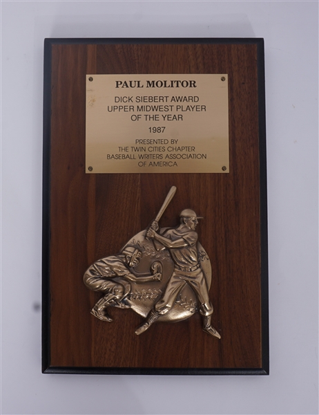 Paul Molitor 1987 Dick Siebert Player of the Year Award w/ Player Provenance