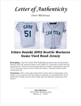 Ichiro Suzuki 2002 Seattle Mariners Game Used Road Jersey w/ Dave Miedema LOA