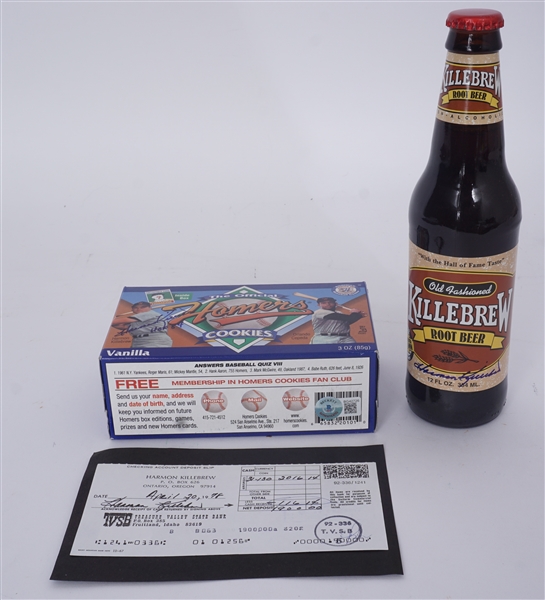 Lot of 3 Harmon Killebrew Autographed Items - Root Beer, Cookie Box, & Deposit Slip Beckett