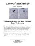 Derek Jeter 2005 New York Yankees Game Used Jersey w/ Dave Miedema LOA