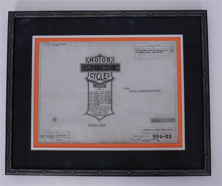 Vintage 1927 Framed Harley Davidson Original Blueprint Drawing