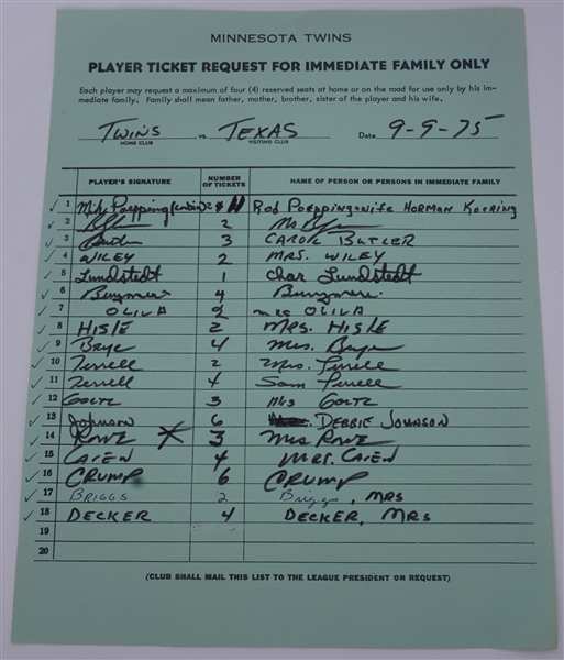 Minnesota Twins Player Ticket Request Form, Metropolitan Stadium, September 9, 1975, Featuring Blyleven, Oliva, Carew & Others