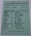 Minnesota Twins Player Ticket Request Form, Metropolitan Stadium, September 9, 1975, Featuring Blyleven, Oliva, Carew & Others