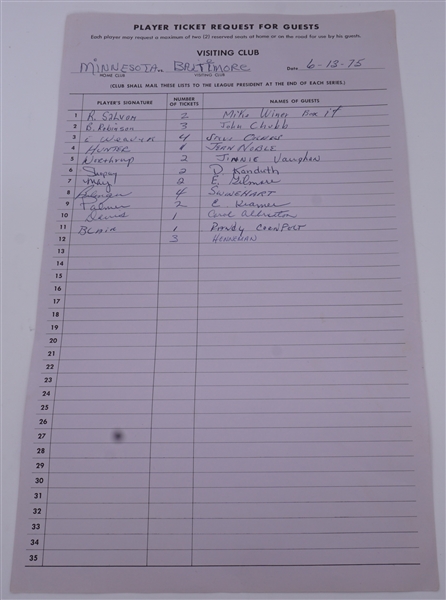 Baltimore Orioles at Minnesota Twins Player Ticket Request Form, Metropolitan Stadium, June 13, 1975, Featuring Brooks Robinson, Earl Weaver, Jim Palmer & Others