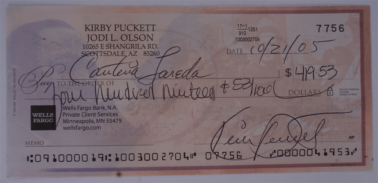 Kirby Puckett Signed Personal Check #7756