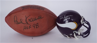 Paul Krause Autographed & Inscribed HOF 98 Football & Mini Helmet Beckett