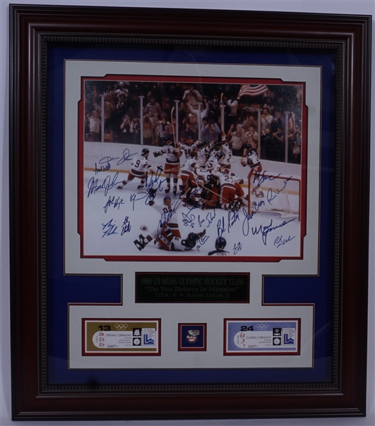 1980 USA Hockey Miracle Team Signed Framed 16x20 Photo 20 Autographs Beckett LOA