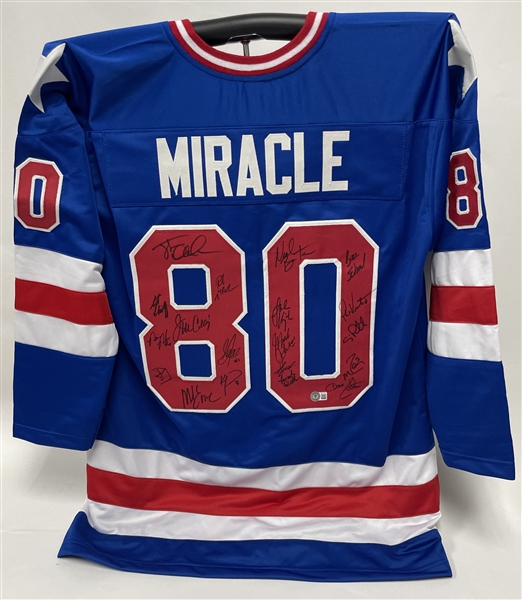 1980 USA Hockey Miracle Team Signed Custom Blue Jersey w/ 19 Signatures Beckett