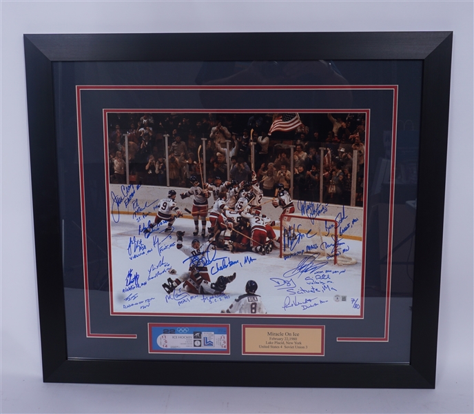 1980 USA Hockey Miracle Team Signed & Inscribed Framed 16x20 Photo LE #7/80 Beckett