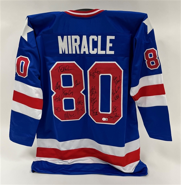 1980 USA Hockey Miracle Team Signed Custom Blue Jersey w/ 19 Signatures Beckett