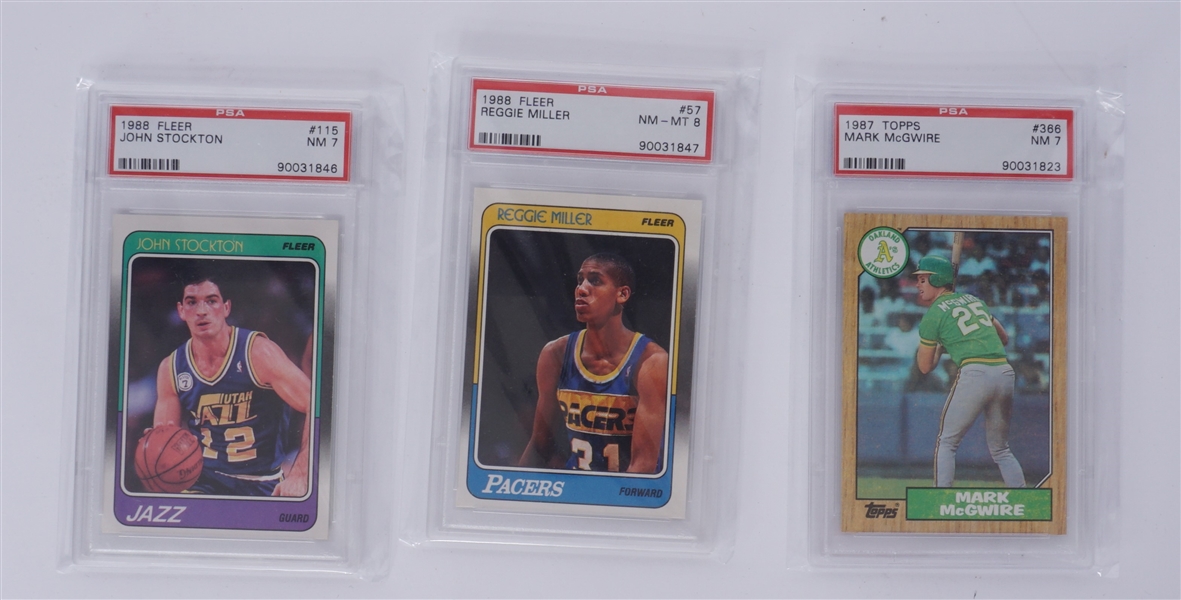 Lot of 3 John Stockton, Reggie Miller, & Mark McGwire PSA Graded Rookie Cards