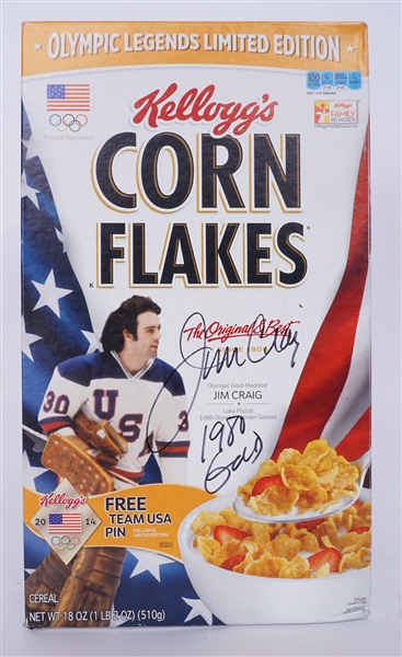Jim Craig Autographed & Inscribed Unopened Corn Flakes Cereal Box JSA