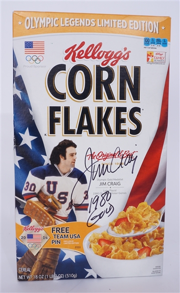 Jim Craig Autographed & Inscribed Unopened Corn Flakes Cereal Box JSA