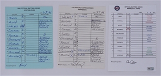 Lot of 3 Minnesota Twins Game Used Lineup Cards From 1999 & 2012