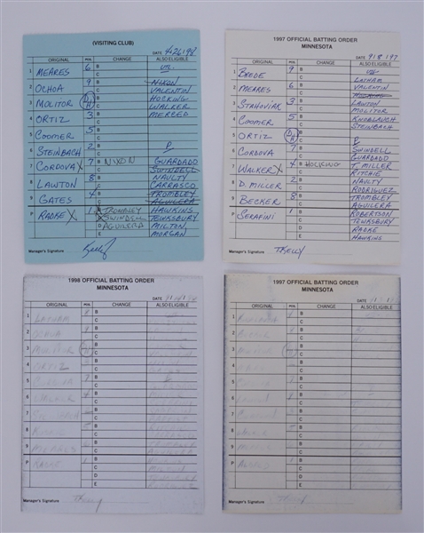 Lot of 4 Minnesota Twins Game Used Lineup Cards From 1997 & 1998