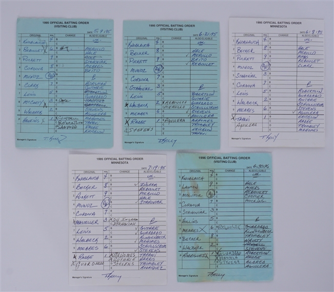 Lot of 5 Minnesota Twins Game Used Lineup Cards From 1995 & 1996 w/ Puckett