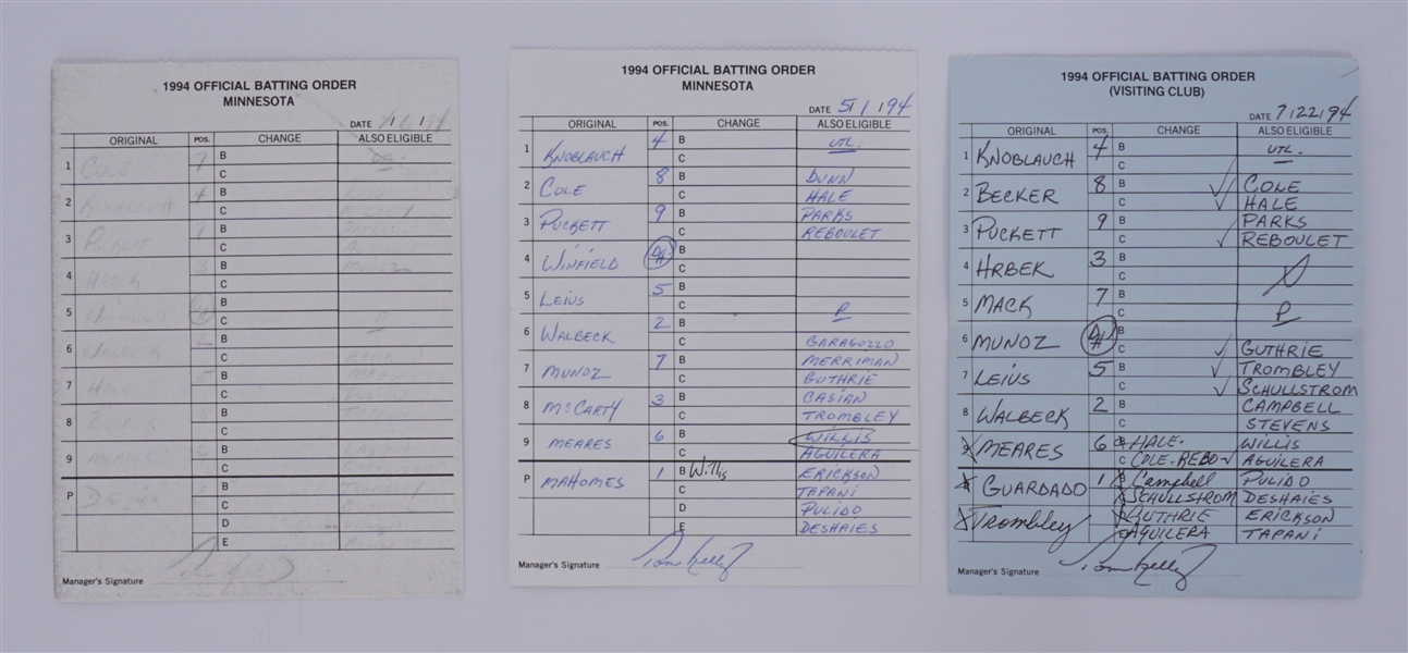 Lot of 3 Minnesota Twins Game Used Lineup Cards From 1994 w/ Puckett