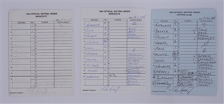 Lot of 3 Minnesota Twins Game Used Lineup Cards From 1994 w/ Puckett