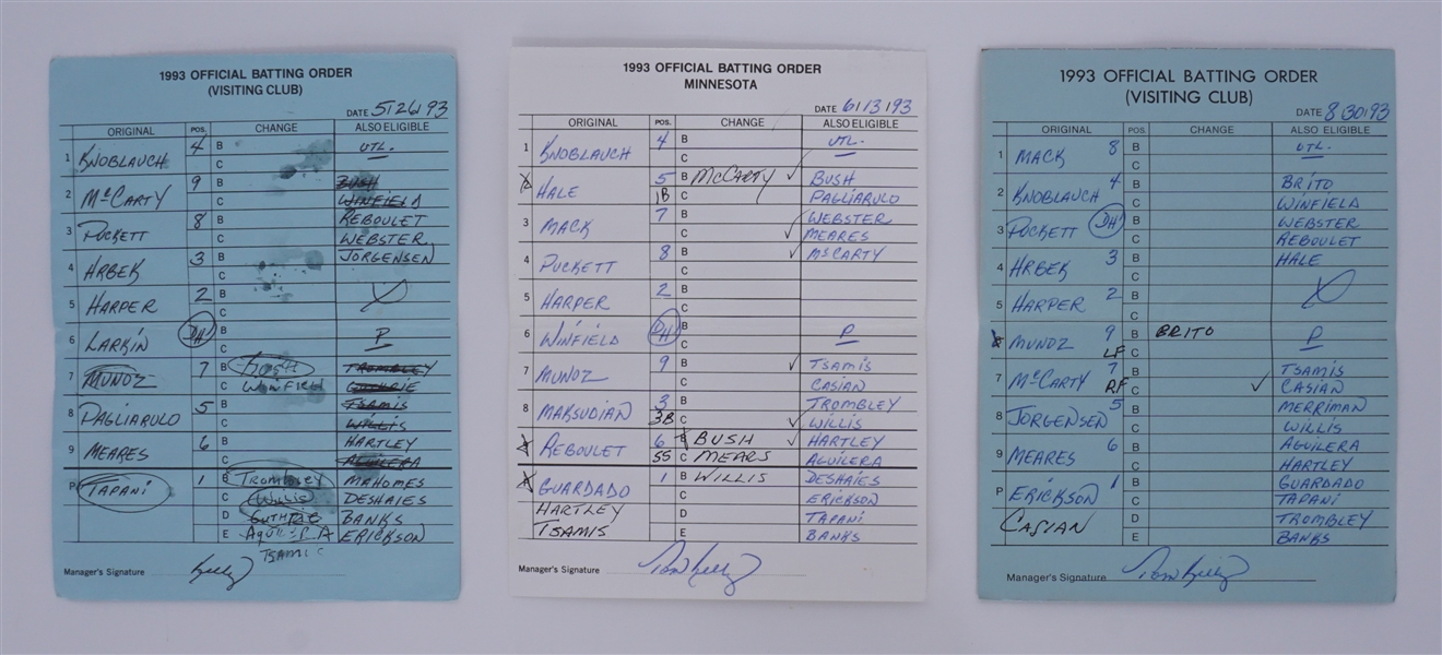 Lot of 3 Minnesota Twins Game Used Lineup Cards From 1993 w/ Puckett