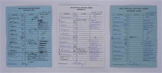 Lot of 3 Minnesota Twins Game Used Lineup Cards From 1993 w/ Puckett