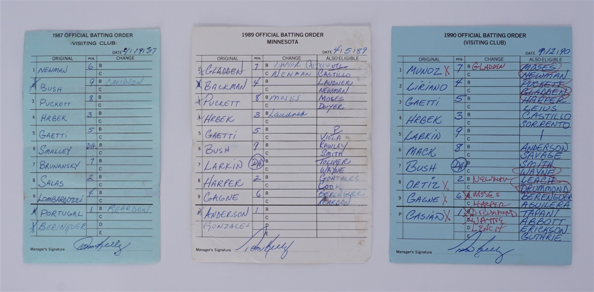 Lot of 3 Minnesota Twins Game Used Lineup Cards From 1987, 1989, 1990 w/ Puckett *World Series Season*