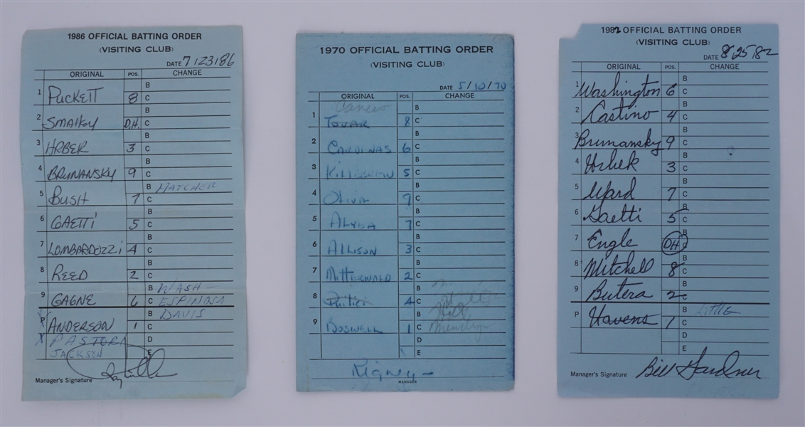 Lot of 3 Minnesota Twins Game Used Lineup Cards From 1970, 1982, 1986 w/ Puckett, Oliva & Killebrew