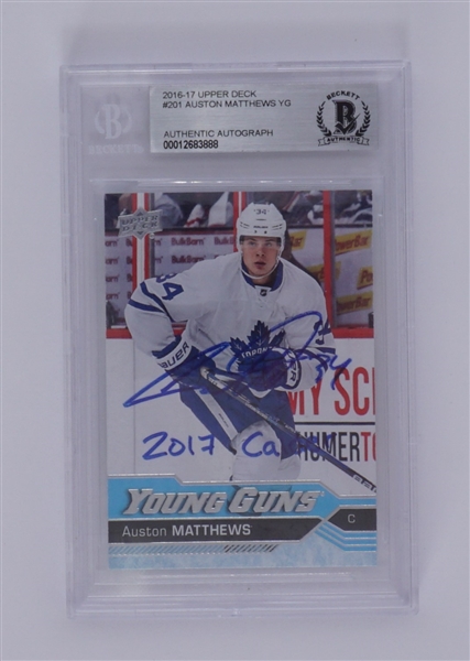 Auston Matthews Autographed & Inscribed 2016-17 Upper Deck #201 Young Guns Rookie Card BGS