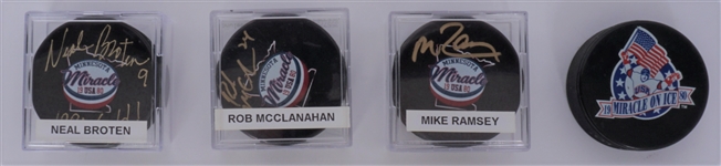 Lot of 4 Miracle on Ice Hockey Pucks w/ 3 Autographs