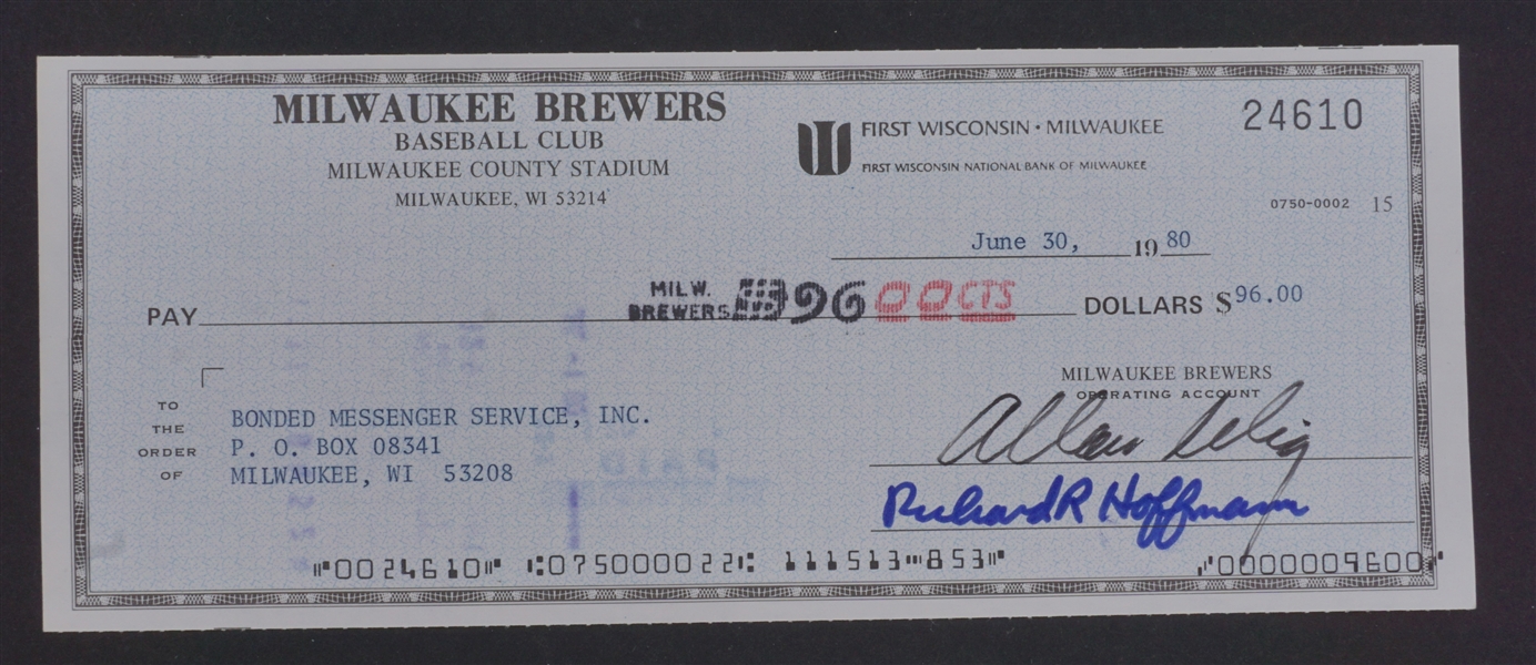 Bud Selig Signed Milwaukee Brewers Check Beckett