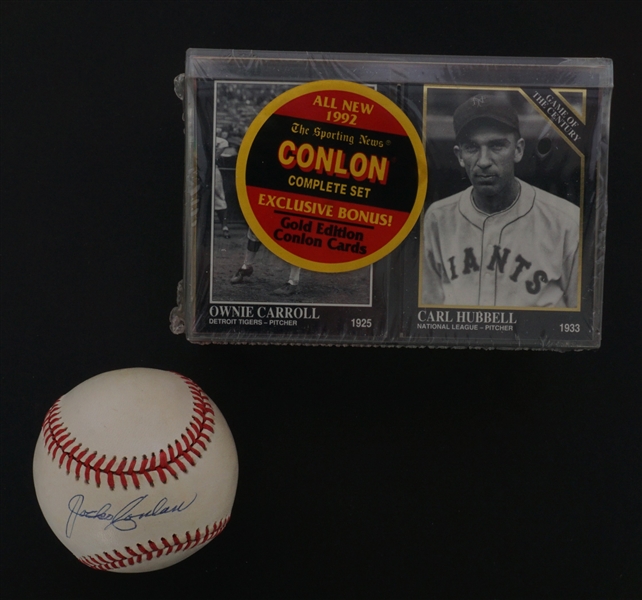 Jocko Conlon Autographed ONL Baseball w/ 1992 Sporting News Conlon Complete Card Set Beckett