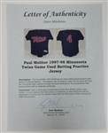 Paul Molitor 1997-98 Minnesota Twins Game Used BP Jersey w/ Dave Miedema LOA