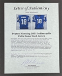 Peyton Manning 2001 Indianapolis Colts Game Used Jersey w/ Dave Miedema LOA