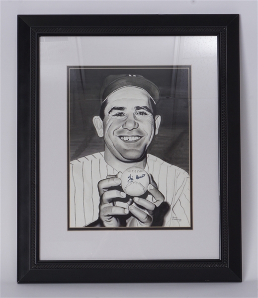 Yogi Berra Original Autographed James Fiorentino 11x14 Watercolor Painting Framed 20x24 w/ Fiorentino LOA