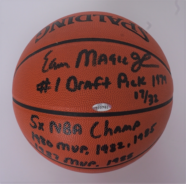 Magic Johnson Autographed & Multi-Inscribed Spalding NBA Basketball LE #17/32 w/ Plastic Display Case Steiner
