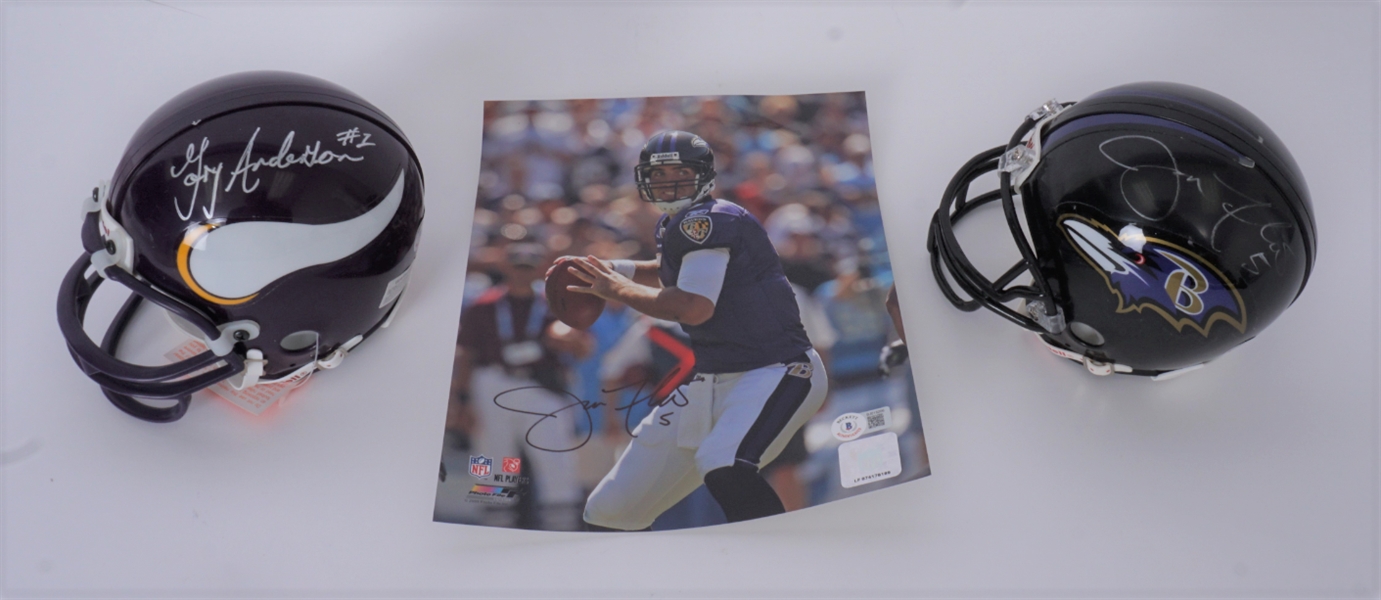 Lot of 2 Joe Flacco & Gary Anderson Autographed Mini Helmets + Flacco 8x10 Photo Beckett