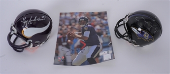 Lot of 2 Joe Flacco & Gary Anderson Autographed Mini Helmets + Flacco 8x10 Photo Beckett