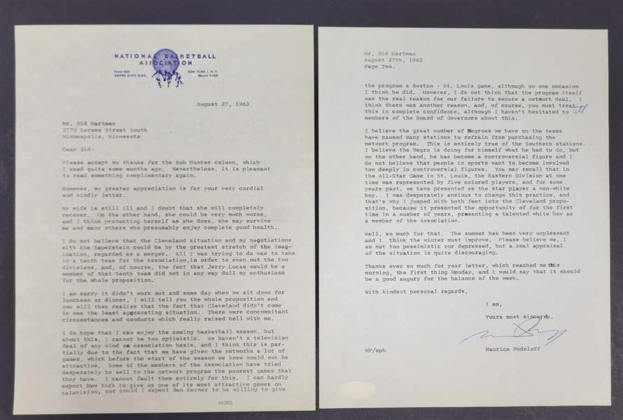 Maurice Podoloff Signed NBA Letter to Sid Hartman w/ JSA LOA