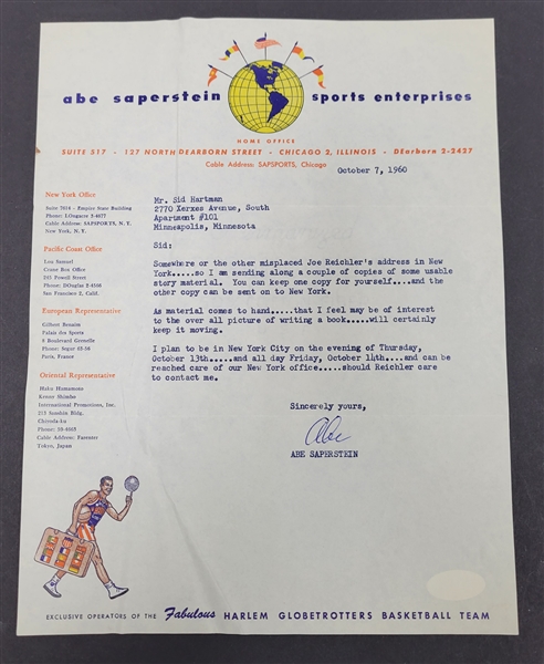 Abe Saperstein Signed Harlem Globetrotters Letter to Sid Hartman w/ JSA LOA
