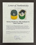 Rickey Henderson 1991 Oakland A's Game Used Hat w/ Dave Miedema LOA